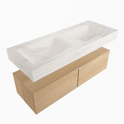 Mondiaz ALAN-DLUX Ensemble de meuble - 120cm - meuble Washed Oak mat - 2 tiroirs - Lavabo Cloud Ostra suspendu - vasque Gauche et droite - 0 trous de robinet