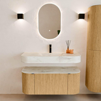 MONDIAZ THOR-DLUX 110cm badmeubel ronding links + rechts kleur Oak met 1 lade en 2 deuren. Vrijhangende wastafel CLOUD Midden 1 kraangat kleur Ostra.
