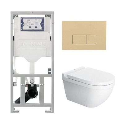 Duravit Starck 3 Pack WC avec réservoir WC attenant Geberit abattant avec abattant softclose Saniclass et plaque de commande QeramiQ beige avec boutons rectangulaires blancs