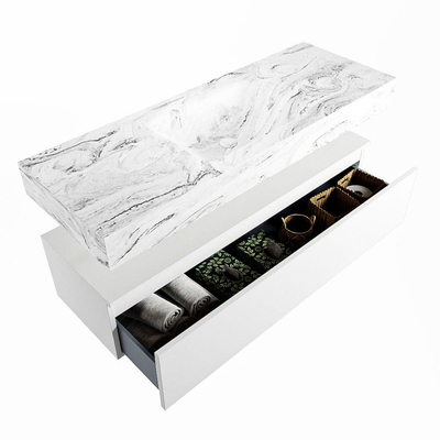 Mondiaz ALAN-DLUX Ensemble de meuble - 130cm - meuble Talc mat - 1 tiroir - Lavabo Cloud Glace suspendu - vasque Centre - 0 trous de robinet
