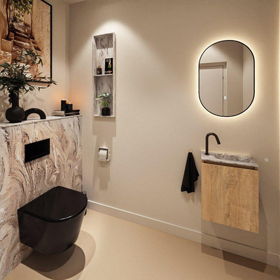 MONDIAZ TURE-DLUX Meuble toilette - 40cm - Washed Oak - EDEN - vasque Glace - position droite - 1 trou de robinet