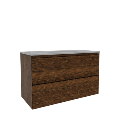 Saniclass Holz Pure Ensemble de meuble de salle de bains - 100x45x62cm - Lavabo Vygo en céramique - 1 vasque - 1 trou de robinetterie - avec trop-plein - 2 tiroirs - walnut pure mat (bois)