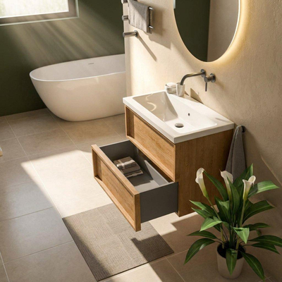 Saniclass Holz Frame Ensemble de meubles de salle de bains - 80x45x63.5cm - lavabo en céramique Bari blanc - 1 vasque - sans trou de robinetterie - 2 tiroirs - chêne naturel mat (bois)