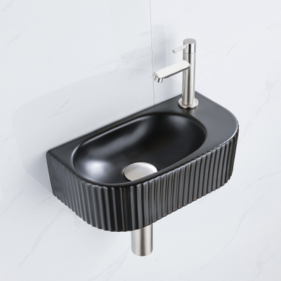 QeramiQ Fuente pack lave-mains – demi-rond – 40 x 21,5 x 12 cm – perçage à droite – robinet inox brossé – cannelé