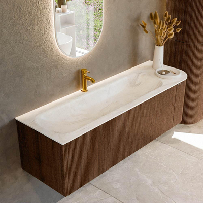 MONDIAZ KURVE-DLUX 145cm badmeubel met module 25 R kleur Walnut met 1 lade en 1 deur. Wastafel BIG LARGE links 1 kraangat kleur Ostra.