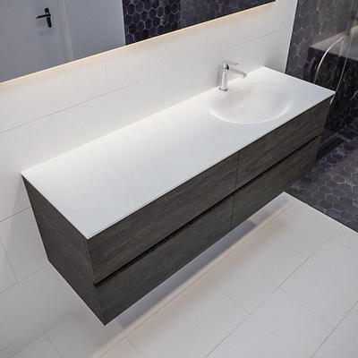 MONDIAZ VICA Ensemble de meuble salle de bain - 150cm - 4 tiroirs - lavabo Moon à droite - 1 trou de robinet - solid surface marron foncé
