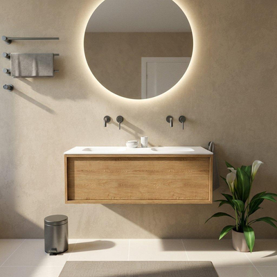 Saniclass Holz Frame Ensemble de meubles de salle de bains - 120x45x41.5cm - Flow lavabo en Solid Surface blanc - 2 vasques - sans trous de robinet - 1 tiroir - chêne natural mat (bois)