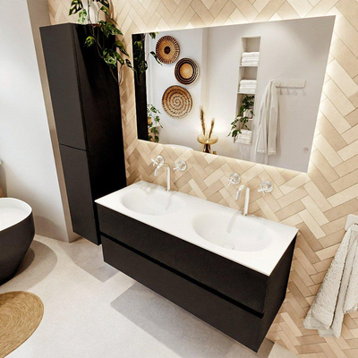 MONDIAZ VICA meuble sous lavabo 120cm Urban 2 tiroirs. Lavabo MOON double 2 trous de robinet, couleur Talc.