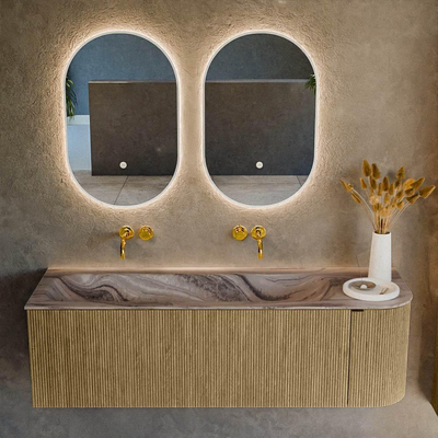 MONDIAZ KURVE-DLUX Meuble de salle de bains 145 cm arrondi à droite couleur Dusk avec 1 tiroir et 1 porte. Lavabo BIG LARGE à gauche sans trou de robinet Sombra.