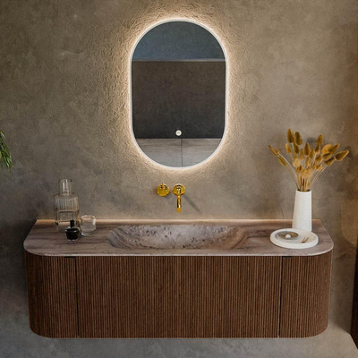 MONDIAZ KURVE-DLUX Meuble de salle de bains 140cm arrondi Gauche + Droite couleur Walnut avec 1 tiroir et 2 portes. Lavabo BIG SMALL Central sans trou de robinet Oza.