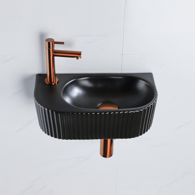 QeramiQ Fuente pack lave-mains – demi-rond – 40 x 21,5 x 12 cm – céramique noir mat – perçage à gauche – cannelé