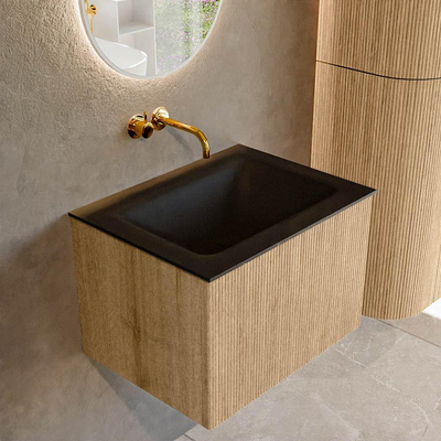 MONDIAZ KURVE 60cm badmeubel kleur Oak met 1 lade. Wastafel CLOUD midden zonder kraangat Urban.