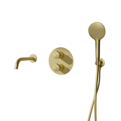Fortifura Calvi Badkraan set - uitloop - 22cm inkortbaar - rond bedieningspaneel - gladde slang - ronde handdouche - inbouwdeel - wandhouder - geborsteld messing (goud)