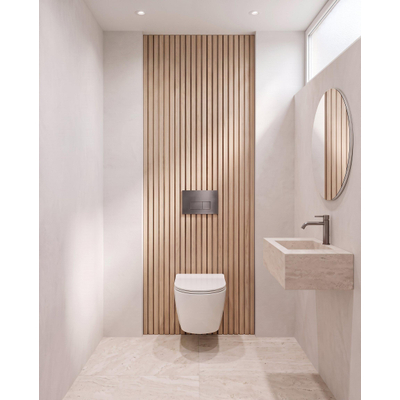 Adema Salina 2.0 Toiletset - 48.5x36x32cm - diepspoel - spoelrandloos - QeramiQ inbouwreservoir - softclose - quickrelease - toiletzitting - gunmetal metalen bedieningsplaat - rechthoekige knoppen - wit