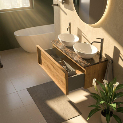 Saniclass Holz Frame Ensemble de meuble de salle de bains - 120x45x43cm - Plan de travail en pierre naturelle Noche dark emperador - 2 trous de robinet - 1 tiroir - chêne natural mat (bois)