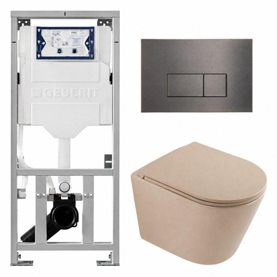 QeramiQ Dely Pack WC - 36,3x51,7cm - à fond creux - sans bride - réservoir encastré Geberit UP320 - abattant WC à fermeture douce - plaque de commande gunmetal - boutons rectangulaires - beige mat