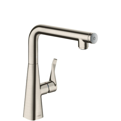 Hansgrohe Metris Select Robinet de cuisine 260 avec portée de rotation réglable bec 110°.150° ou 360° avec bouton Select pour fonction pause aspect inox