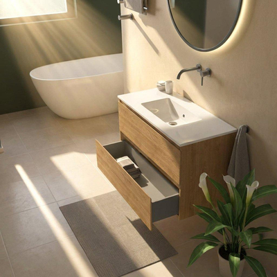 Saniclass Holz Pure Ensemble de meubles de salle de bains - 100x45x62cm - Vasque Vygo en céramique blanche - 1 vasque - sans trou de robinet - 2 tiroirs - chêne naturel mat (bois)