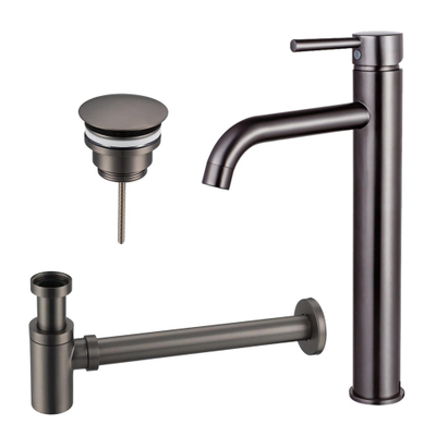 FugaFlow Eccelente Sobrado Badkamer Wastafelkraanset - verhoogde wastafelkraan - always open plug - verlaagde design sifon - PVD Gepolijst Gunmetal