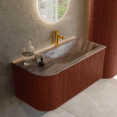 MONDIAZ KURVE-DLUX Meuble de salle de bains 95cm arrondi à gauche couleur Ruby avec 1 tiroir et 1 porte. Lavabo BIG SMALL à droite 1 trou de robinet Oza.