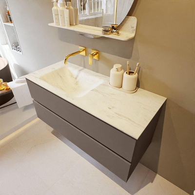 Mondiaz VICA-DLUX ensemble de meuble de salle de bain - 110cm - meuble sous-vasque fumée - 2 tiroirs - lavabo encastré nuage gauche - sans trous de robinet - version haute 60cm - opalo