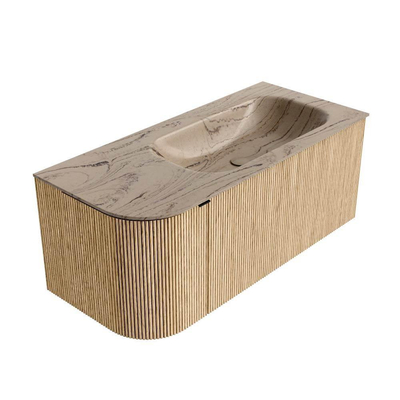 MONDIAZ KURVE-DLUX Meuble de salle de bains 105cm arrondi à gauche couleur Chêne avec 1 tiroir et 1 porte. Lavabo BIG SMALL droit sans trou de robinet Arena.