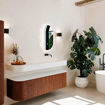 MONDIAZ THOR 160cm meuble de salle de bains arrondi gauche + droite couleur Ruby avec 1 tiroir et 2 portes. Vasque suspendue CLOUD Droite sans trou de robinet couleur Talc.