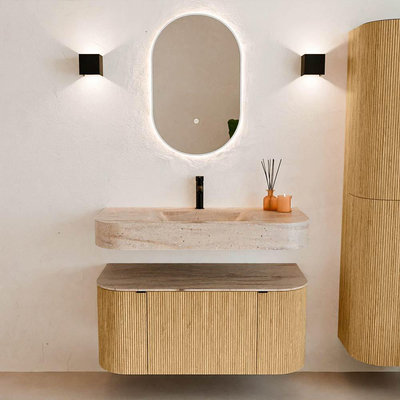 MONDIAZ THOR-DLUX 100cm badmeubel ronding links + rechts kleur Oak met 1 lade en 2 deuren. Vrijhangende wastafel CLOUD Midden 1 kraangat kleur Saba.