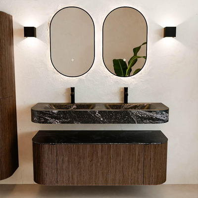 MONDIAZ THOR-DLUX 130cm badmeubel ronding links + rechts kleur Walnut met 1 lade en 2 deuren. Vrijhangende wastafel CLOUD Dubbel 2 kraangaten kleur Lava.