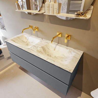 MONDIAZ VICA-DLUX Ensemble meuble de salle de bains - 130cm - meuble bas Plata - 2 tiroirs - lavabo encastré Cloud double - sans trous de robinet - version haute 60cm - Glace