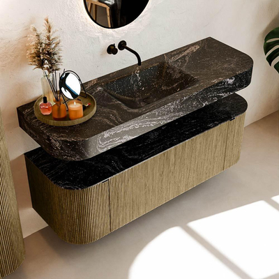 MONDIAZ THOR-DLUX Meuble de salle de bains 140cm arrondi gauche + droite couleur Dusk avec 1 tiroir et 2 portes. Vasque suspendue CLOUD Milieu sans trou de robinet couleur Lava.