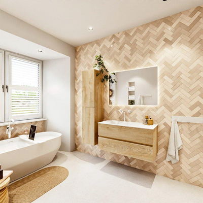 MONDIAZ VICA meuble sous lavabo 100cm Chêne blanchi 2 tiroirs. Lavabo CLOUD gauche 1 trou de robinet, couleur Talc.