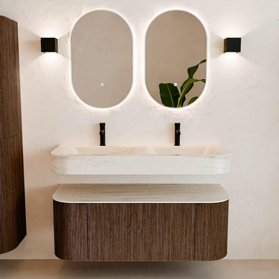 MONDIAZ THOR-DLUX 120cm meuble de salle de bains arrondi gauche + droite couleur Walnut avec 1 tiroir et 2 portes. Vasque suspendue CLOUD Double 2 trous de robinet couleur Meli.