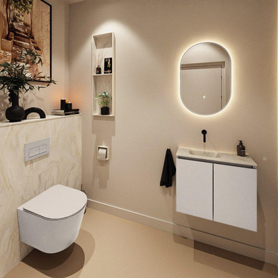 MONDIAZ TURE-DLUX Meuble toilette - 60cm - Linen - EDEN - vasque Ostra - position gauche - sans trou de robinet