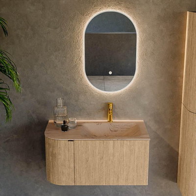 MONDIAZ KURVE-DLUX meuble de salle de bains 85cm arrondi gauche couleur chêne avec 1 tiroir et 1 porte. Lavabo CLOUD droit 1 trou de robinet Arena.