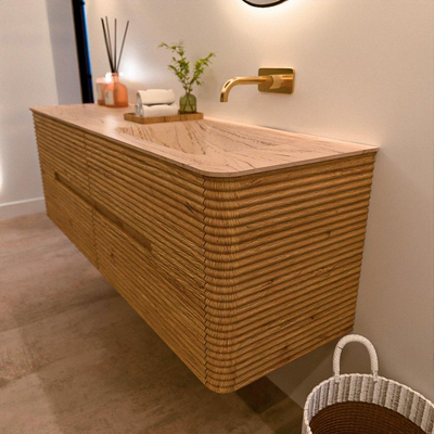 Mondiaz CIRO-DLUX Meuble de salle de bains - 150x45x50cm - Plan vasque solid surface Arena - 1 vasque à droite - sans trous de robinetterie - 4 tiroirs - Chêne