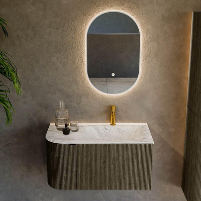 Mondiaz KURVE-DLUX Ensemble de meuble de salle de bains - 85x46x40cm - 1 tiroir - 1 porte - lavabo solid surface - droit - 1 trou de robinet - Shadow