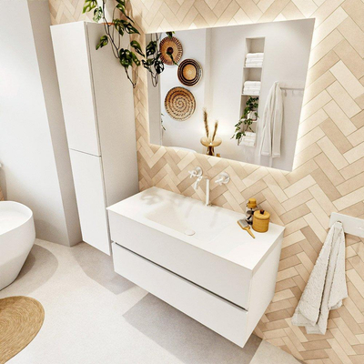 MONDIAZ VICA meuble sous lavabo 100cm Talc 2 tiroirs. Lavabo CLOUD centre 1 trou de robinet, couleur Talc.