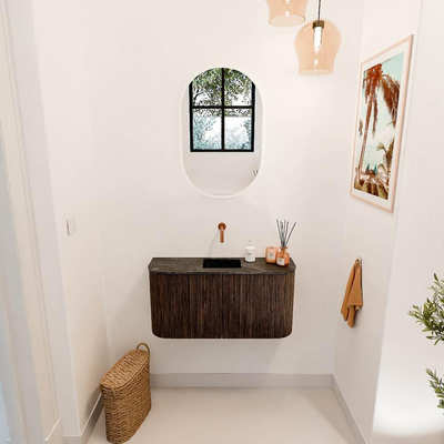 Mondiaz JOYA-DLUX 83.2cm toiletmeubel - ronding links en rechts kleur Walnut - Wastafel FAYE positie Midden Zonder kraangat kleur Lava.