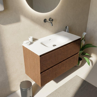 Saniclass Holz Atelier Ensemble de meubles de salle de bains - 100x45x61.5cm - Vasque Flow en Solid Surface blanche - 1 vasque - sans trou de robinet - 2 tiroirs - walnut pure mat (bois)