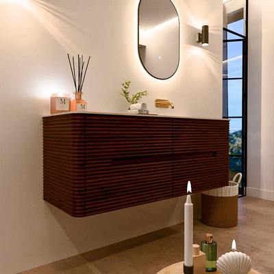 Mondiaz CIRO-DLUX Meuble de salle de bains - 130x45x50cm - Vasque en solid surface Meli - 1 vasque à droite - sans trous de robinetterie - 4 tiroirs - Ruby