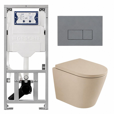 QeramiQ Dely Pack WC - 36,3x51,7cm - à fond creux - sans bride - réservoir encastré Geberit UP320 - abattant WC à fermeture douce - plaque de déclenchement gris clair - boutons rectangulaires - mat beige