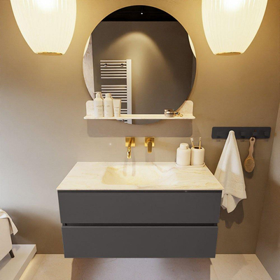 Mondiaz VICA-DLUX Ensemble de meuble de salle de bain - 100cm - meuble sous-vasque gris foncé - 2 tiroirs - lavabo encastré cloud milieu - sans trous de robinet - version haute de 60cm - ostra