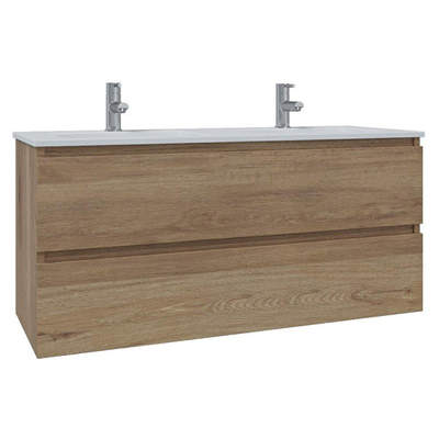 Saniclass Chaci Ensemble meuble de salle de bains - 120x46x55cm - vasque en céramique blanche - 2 lavabos - 2 trous de robinet - 2 tiroirs - armoire de toilette - chêne