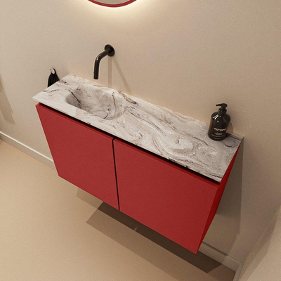 MONDIAZ TURE-DLUX Meuble toilette - 80cm - Fire - EDEN - vasque Glace - position gauche - sans trou de robinet