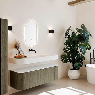 MONDIAZ THOR Meuble de salle de bains 140cm arrondi gauche + droite couleur Shadow avec 1 tiroir et 2 portes. Vasque suspendue CLOUD Milieu sans trou de robinet couleur Talc.