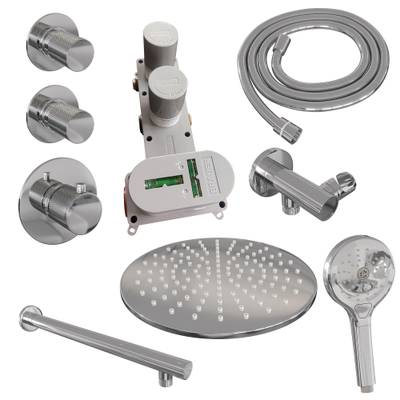 Ensemble de douche à encastrer Brauer Chrome Carving - douche principale 30 cm - 3 boutons avec relief - bras mural droit - douchette ronde 3 positions - chrome