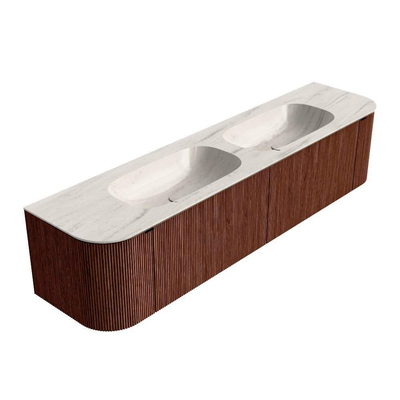 MONDIAZ KURVE-DLUX 190cm meuble de salle de bains arrondi gauche + droite couleur Ruby avec 2 tiroirs et 2 portes. Lavabo STOR SMALL Double 2 trous de robinet Meli.