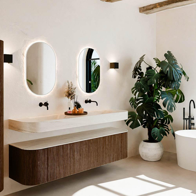 MONDIAZ THOR-DLUX 180cm meuble de salle de bains arrondi gauche + droite couleur Walnut avec 2 tiroirs et 2 portes. Vasque suspendue CLOUD Double sans trou de robinet couleur Meli.