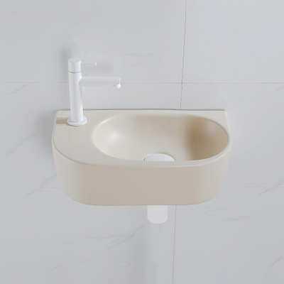 Fugaflow Efficiente Pietra Fonteinset - 40x21.5x12cm - links - glad - halfrond - 1 kraangat - keramiek - fonteinkraan wit mat - afvoerplug - verlaagd sifon - beige